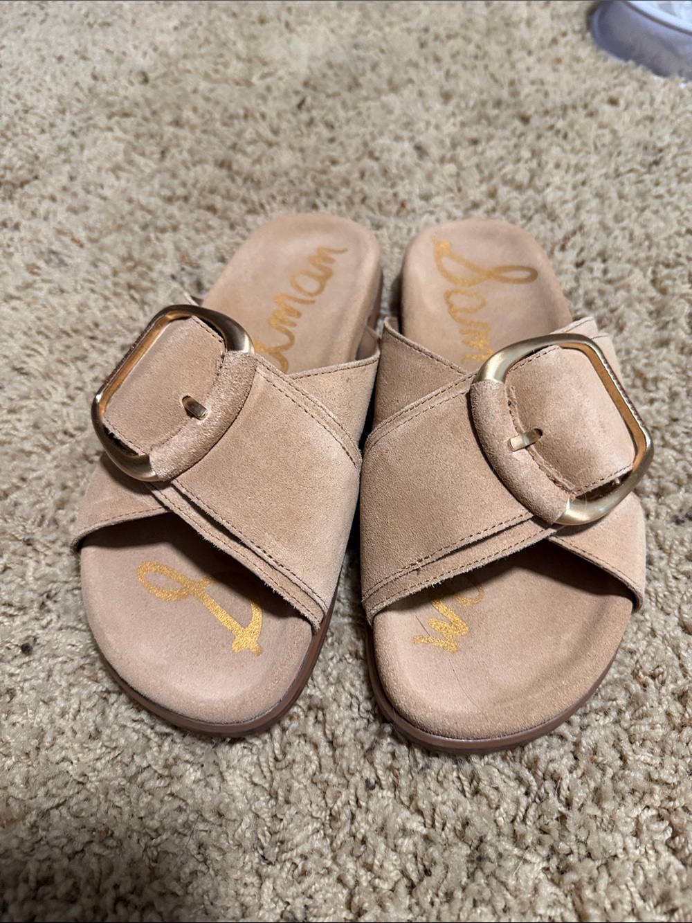 Sam Edelman Beige Suede Crisscross Slide Sandals with Gold Buckle